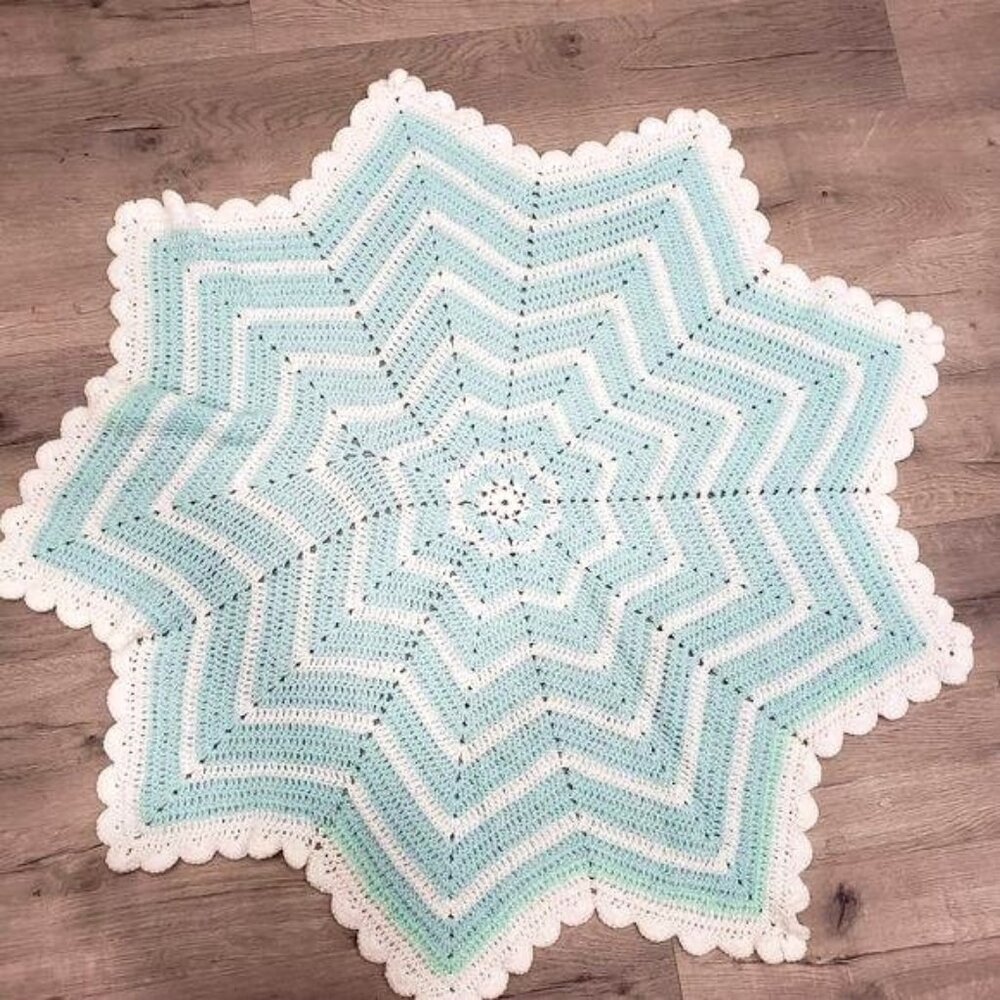 Handmade Crocheted Baby Blanket Star Pattern Soft Mint & White snowflake pattern